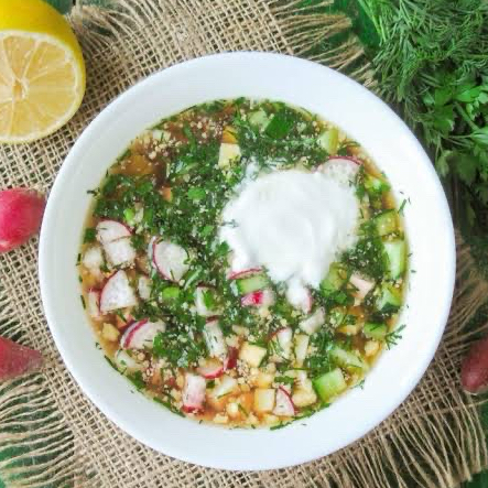 Okroshka — cold kvass or kefir soup — In House Cafe Bar, Phuket